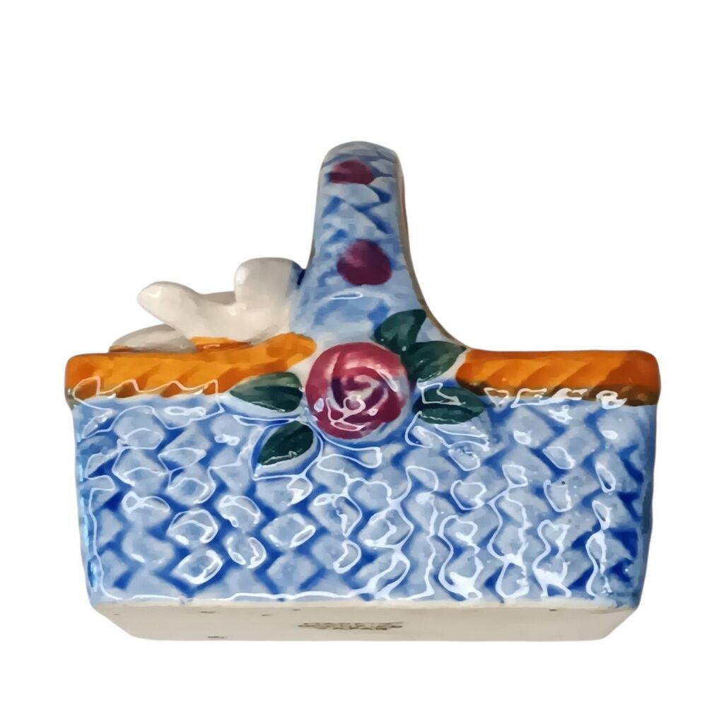 Miniature Porcelain Basket W/ White Bird Blue Basketweave Made In Occupied Japan